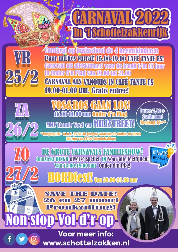 Rapapa! We zijn terug! 
 Na hard werken zijn wij trots om ons carnavals programma te kunnen delen. 3 dagen feest in ons Schottelzakkenrijk voor jong en oud!