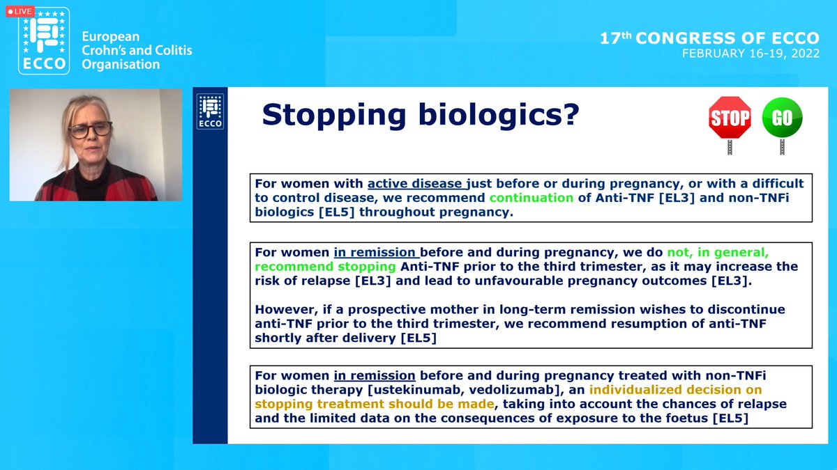 Maximising pregnancy outcomes in patients with IBD🤰🤱
Proactive counselling ✅
Avoid gadolinium in MR and CT ❌
Treat flares and escalate treatment ✅
Treatment now generally continued throughout but MDT individualised approach ✅ 
#ECCO2022