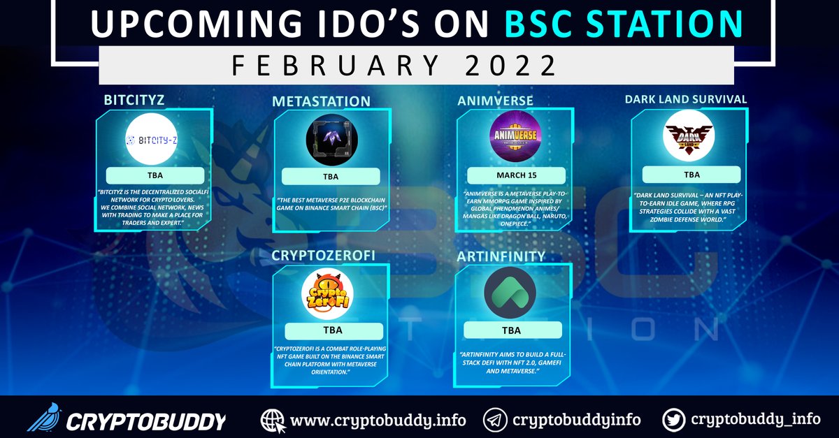 CryptolenzHQ's tweet photo. 📌#Upcoming_IDO on @bscstation #February2022 😎

✅ @BitCityZ_social
✅ @Mstation_bscs
✅ @HelloAnimverse
✅ @DarkLandGame
✅ @Crypto_ZeroFi
✅ @ArtinfinityNFT

#Cryptobuddyinfo #Cryptonews #trending #IDO #ICO #NFT #UpcomingIDO #CryptoZeroFi #Artinfinity #Darkland #bscstation https://t.co/Yat3XWdgjK