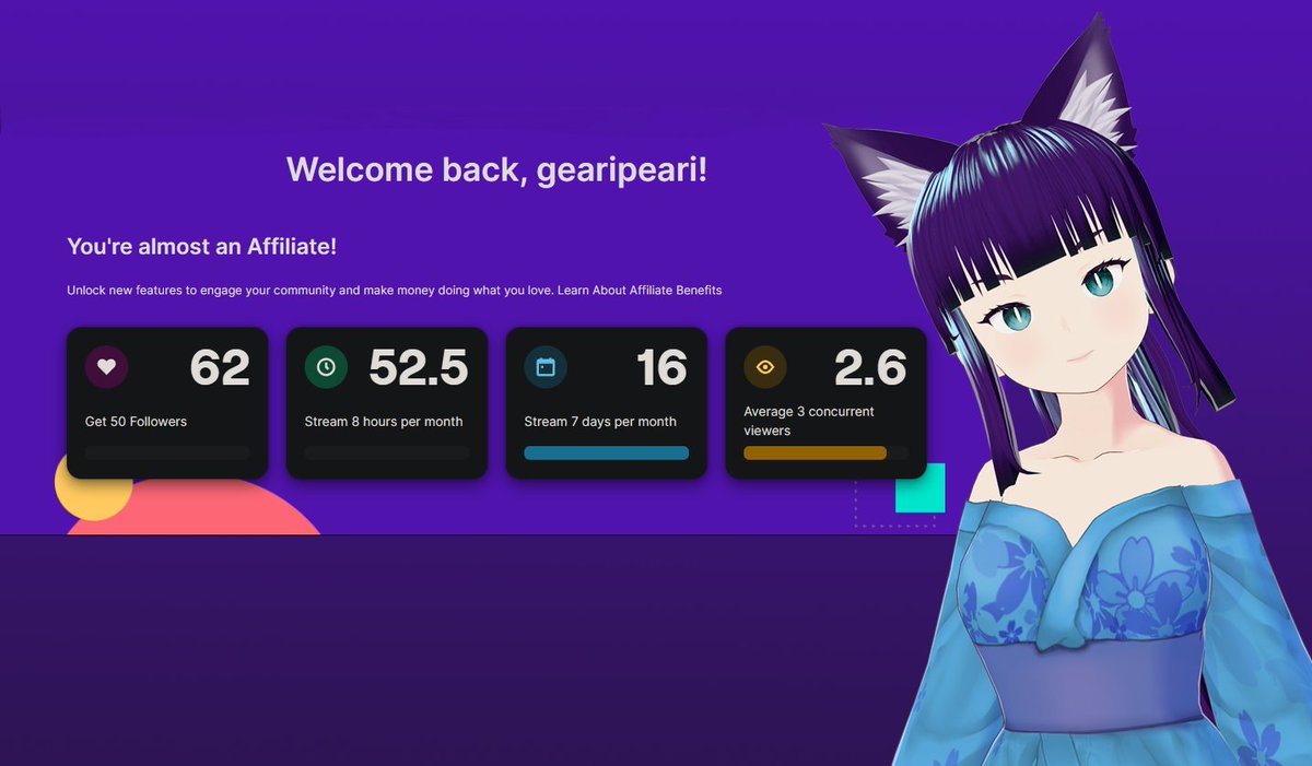 GeariArt's tweet photo. Look how close we are! Tomorrow I plan to stream more Tales of Symphonia and hopefully push for affiliate! Thanks everyone that has followed, lurked, watched, chatted. It means a lot! See you tomorrow and stay comfy until then.💜#vtuber #ENVtuber https://t.co/qVF9Q4gvu8