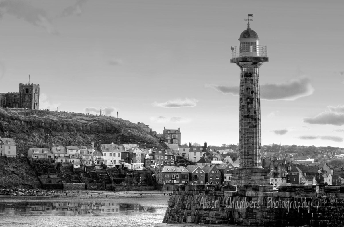 Whitby Harbour Lighthouse Black and White©️. Shop.Photo4Me.com/1101859 &amp; fineartamerica.com/featured/whitb… &amp; alisonchambers2.redbubble.com &amp; Society6.com/alisonchambers2 - name not on artwork. #whitbyharbour #whitbylighthouse #whitby #whitbyprints #canvasprintsforsale #lighthouse #pickering