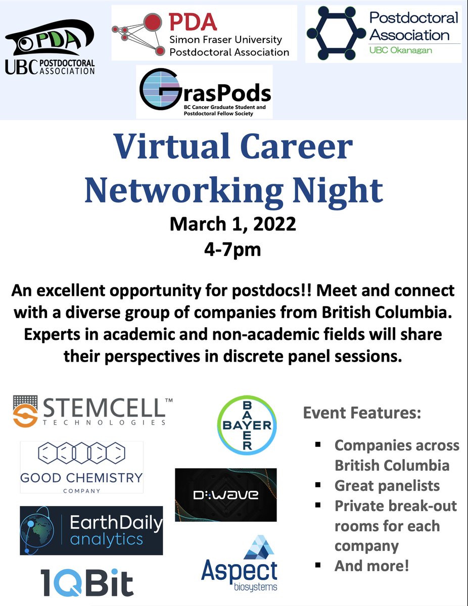 SFU_PDA's tweet photo. Are you looking for a #career? Are you having a hard time deciding between #academia and #industry? Join us for our #Virtual #Career Networking Night on March 1, 2022. Connect with a diverse group of companies and meet the experts from academia and industry in panel sessions https://t.co/VJnWO2qLl3