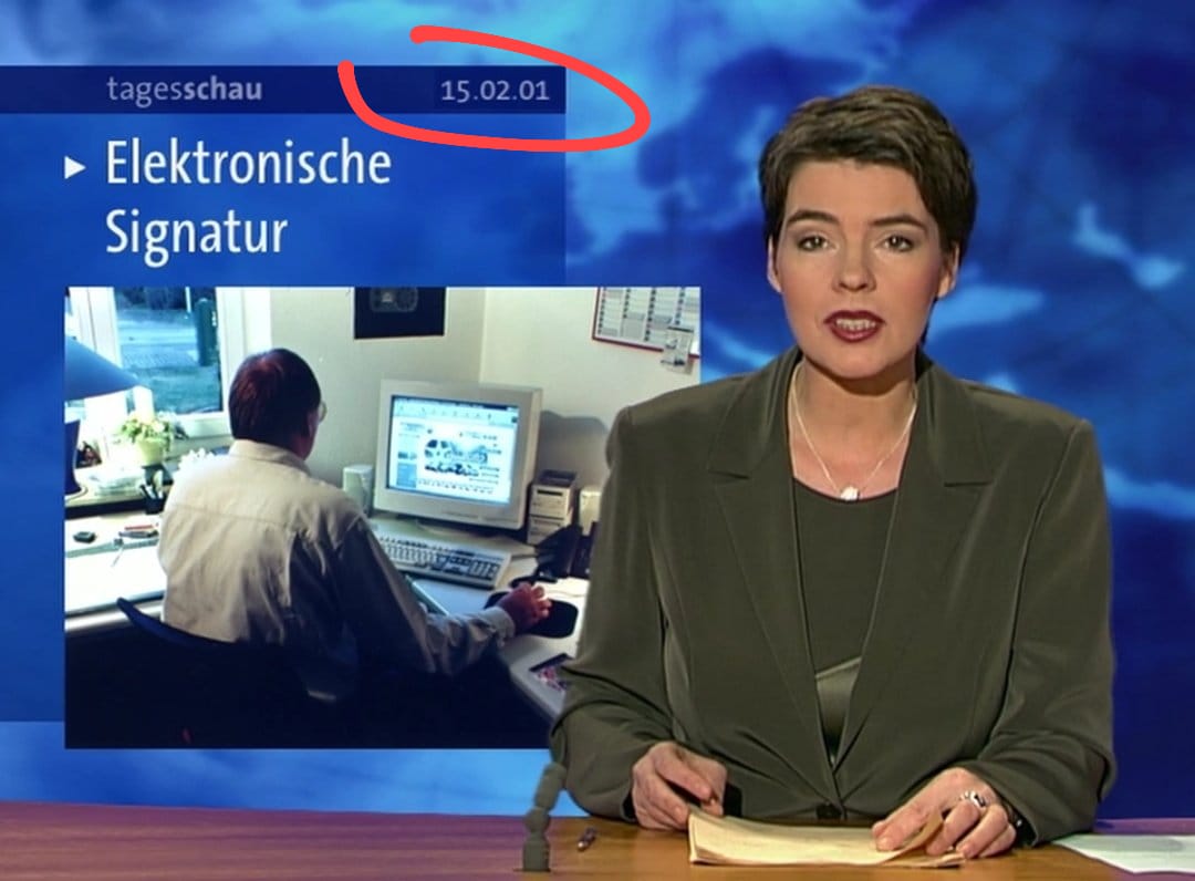 Henrik Wehrs (@wehrs) on Twitter photo Die #eSignature ist über 20 Jahre alt und juristisch noch nicht komplett gelöst. #ELTA <a href="/EULegaltech/">ELTA</a> macht am 24.2. ein Webinar zum Thema: europe-legaltech.org/event/elta-liv… #eIDAS #QES #legaltech @AllenOveryDE <a href="/YousignDE/">Yousign Deutschland</a> Bildquelle: <a href="/TagesschauVor20/">Tagesschau20Jahre</a> Die #eSignature ist über 20 Jahre alt und juristisch noch nicht komplett gelöst. #ELTA <a href="/EULegaltech/">ELTA</a> macht am 24.2. ein Webinar zum Thema: europe-legaltech.org/event/elta-liv… #eIDAS #QES #legaltech @AllenOveryDE <a href="/YousignDE/">Yousign Deutschland</a> Bildquelle: <a href="/TagesschauVor20/">Tagesschau20Jahre</a>