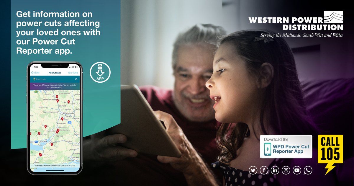 Get the latest information about power cuts in your area via our live online power cut map. 

You can also get alerts when your or your family's power is off by setting up a notification on our WPD Power Cut Reporter app. Find it on the App Store or Google Play.