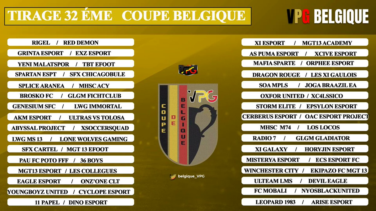 Le tirage au sort des 32e de finale de la coupe de Belgique a été effectué hier soir.
Voici la liste des matchs.
De belles affiches en perspective.