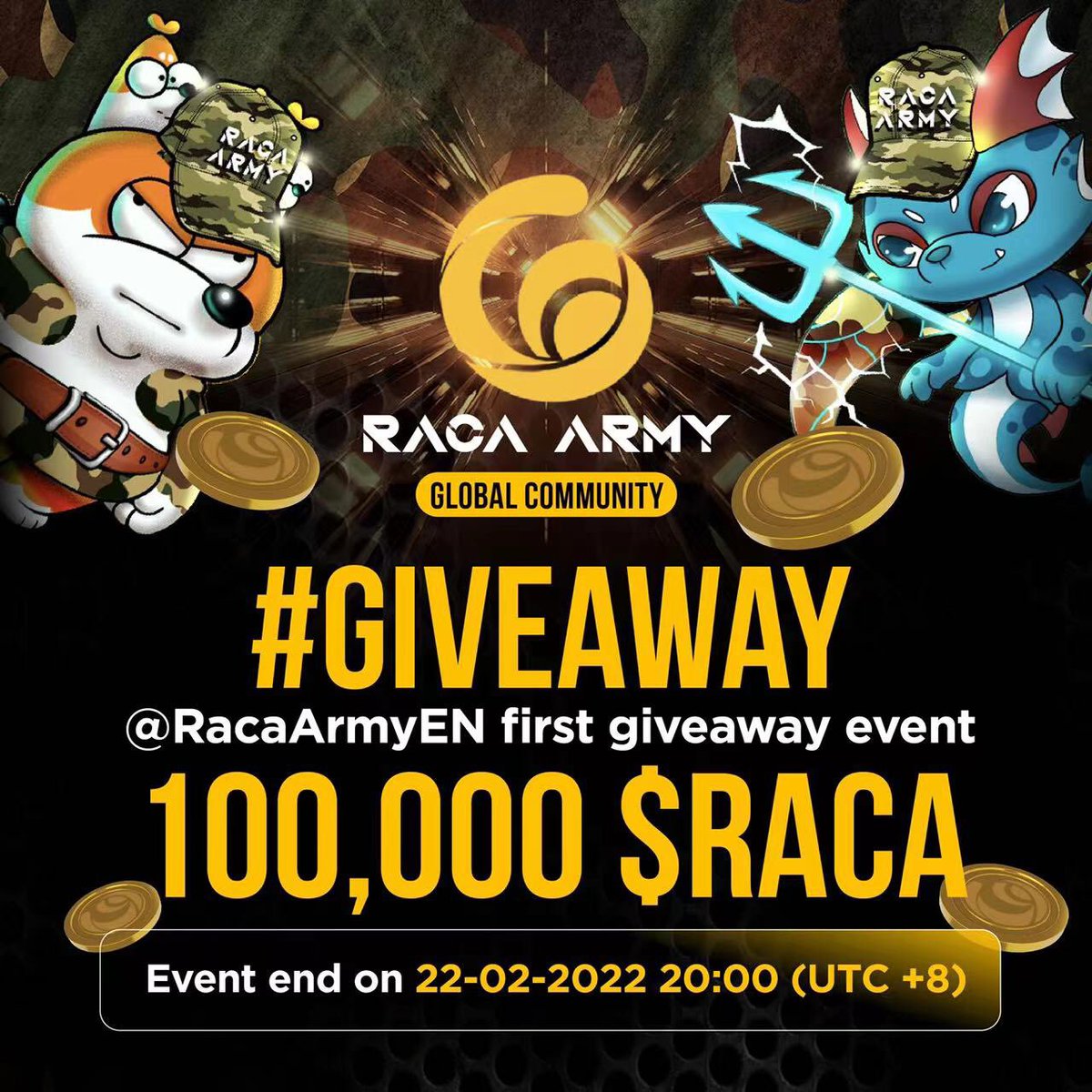 🔥Raca Army Global Community #Giveaway🔥
(5 winners to share 100,000 $RACA)

To Participate:
1️⃣Join our telegram➕ (t.me/RacaArmyGlobal…)
2️⃣Follow our Twitter✅
<a href="/RacaArmyEN/">RacaArmyGlobalCommunity</a> 
<a href="/RacaArmyCN/">RacaArmy全球共识社区</a> 
<a href="/RadioCacaNFT/">Follow @RACA_3</a> 
3️⃣Like + RT + Tag 3 ➕ Leave BSC address 👇
4⃣️Wait for the draw start🎁