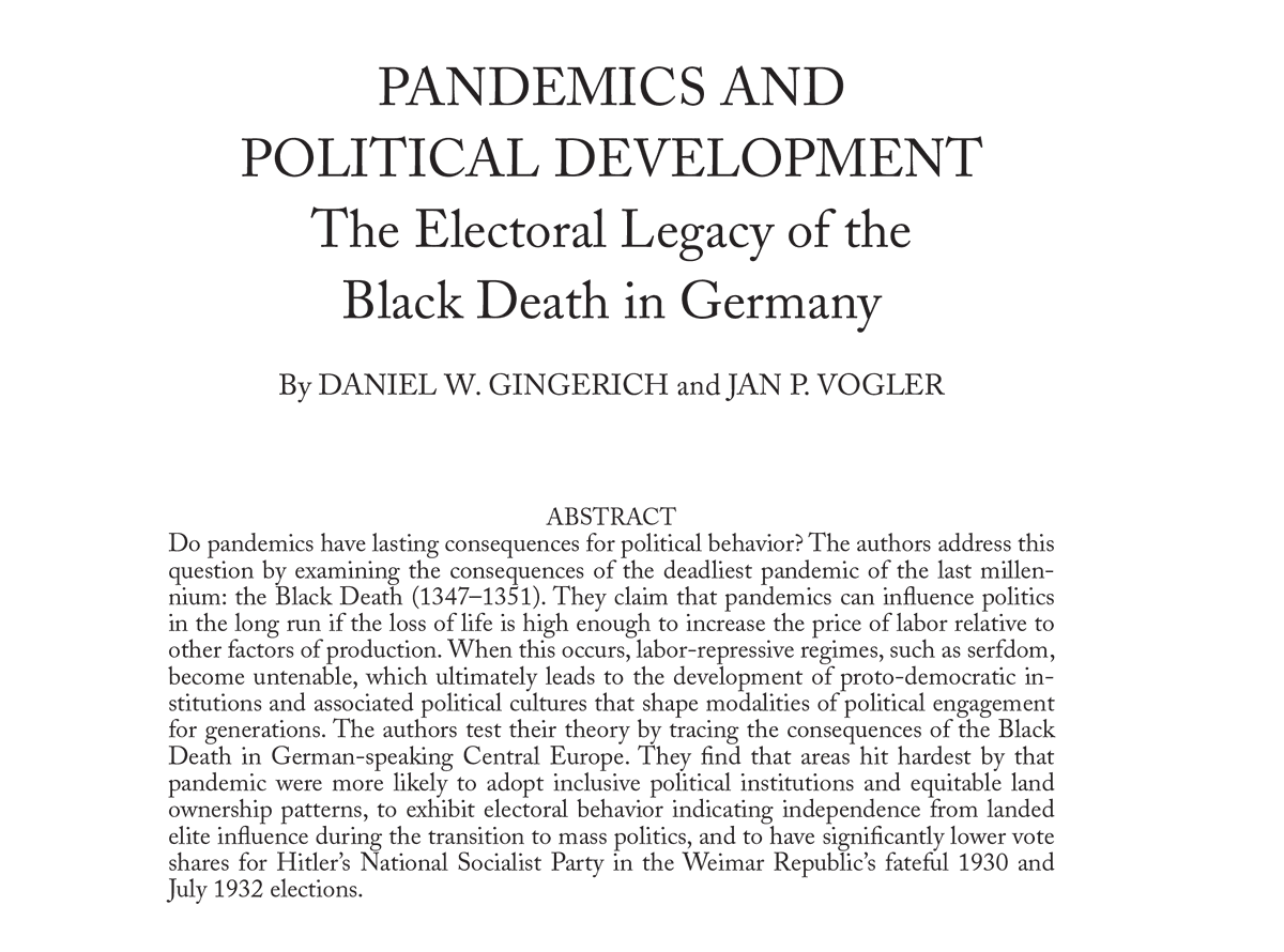 Jan_Vogler's tweet photo. I’m very happy to share that my @World_Pol article with D. Gingerich “Pandemics &amp; Political Development” has won @MPSAnet’s Kellogg/Notre Dame Award for the best paper in Comparative Politics!

It can be found here https://t.co/DDapdmLEgU
#polisciresearch #EconTwitter #EpiTwitter https://t.co/NQC2gWmnA2