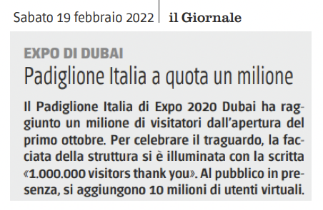 ItalyExpo2025's tweet photo. 1 milione di visitatori e 10 milioni di utenti raggiunti on line per il #PadiglioneItalia a #Expo2020Dubai

#ItalyExpo2020 #BeautyconnectsPeople #LaBellezzaUnisceLePersone https://t.co/ORh6BIS1yo