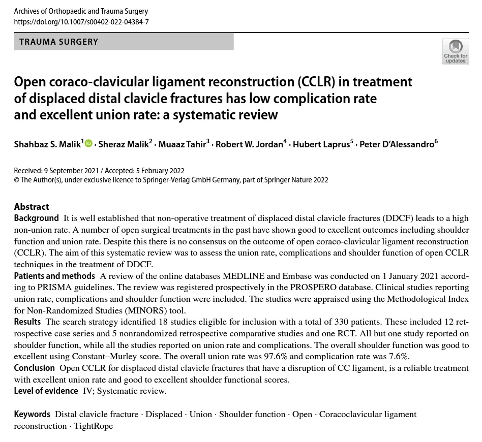 SpOrthopod's tweet image. 🆕 Read our 3rd paper in the series

Open CCLR for DDCF
overall union rate 👌🏽= 97.6% 🌟 
complication rate🤌🏽 = 7.6% 🚧

 Collaborative work of @WorcsAcuteNHS @uhbtrust @ROHNHSFT @ROHKnowledgeHub @PerthSportsDoc 🇬🇧🇦🇺🇵🇱

🆓 article download link
👇🏽👇🏽👇🏽👇🏽👇🏽
rdcu.be/cHjUI