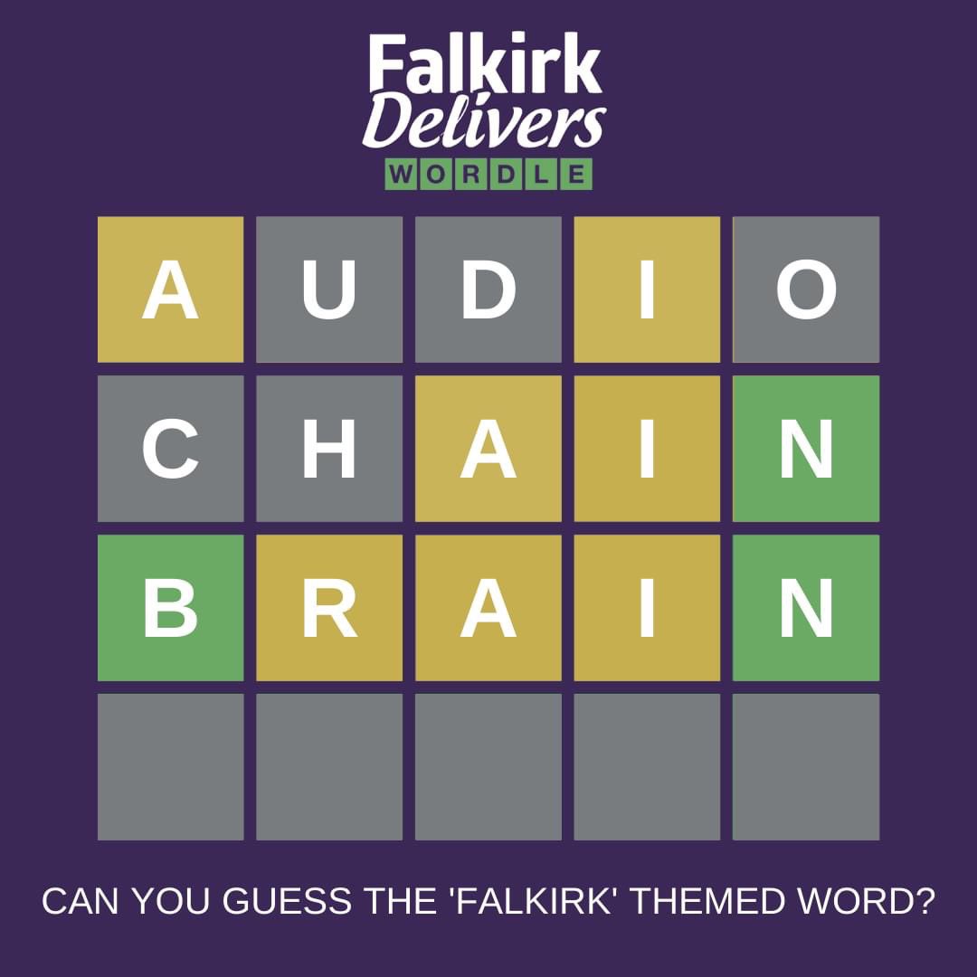 Falkirk Delivers (@falkirkdelivers) on Twitter photo How about a Saturday morning puzzle? 🤔
We don't know about you, but our office has been obsessed with #Wordle - so we decided to make a little Falkirk themed one...
Can you guess the word? 🔠
#ScotlandLovesLocal #Wordle #FalkirkDelivers How about a Saturday morning puzzle? 🤔
We don't know about you, but our office has been obsessed with #Wordle - so we decided to make a little Falkirk themed one...
Can you guess the word? 🔠
#ScotlandLovesLocal #Wordle #FalkirkDelivers