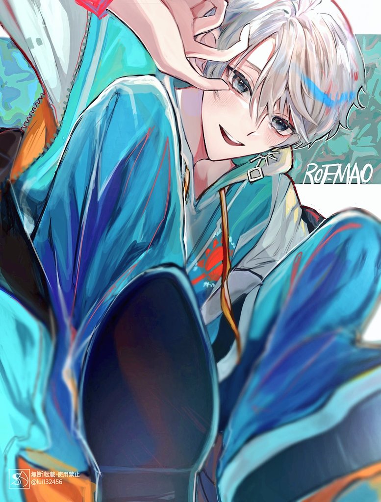 1boy male focus white hair solo smile looking at viewer pants  illustration images