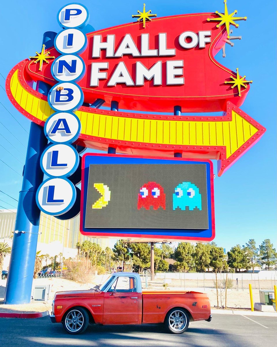 PCIDealerSchool's tweet photo. Checking out my inner child at the @pinballvegas with some #pacman and #godzillawhite. #squarebody #squarebodynation #chevysquarebody #fleetside #fleetsidechevy #fleetsiders https://t.co/2B5JemyWh8