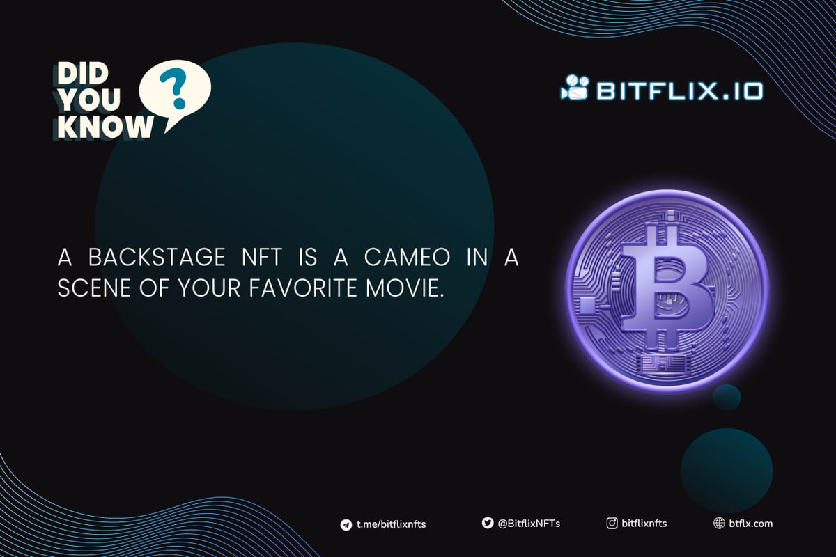 NFT Feature: Backstage NFT 💲

A Backstage NFT is a cameo in a scene of your favorite movie.

To learn more: medium.com/bitflixnfts/th…

#NFT #NFTCommunity #Metaverse #MetaverseNFT