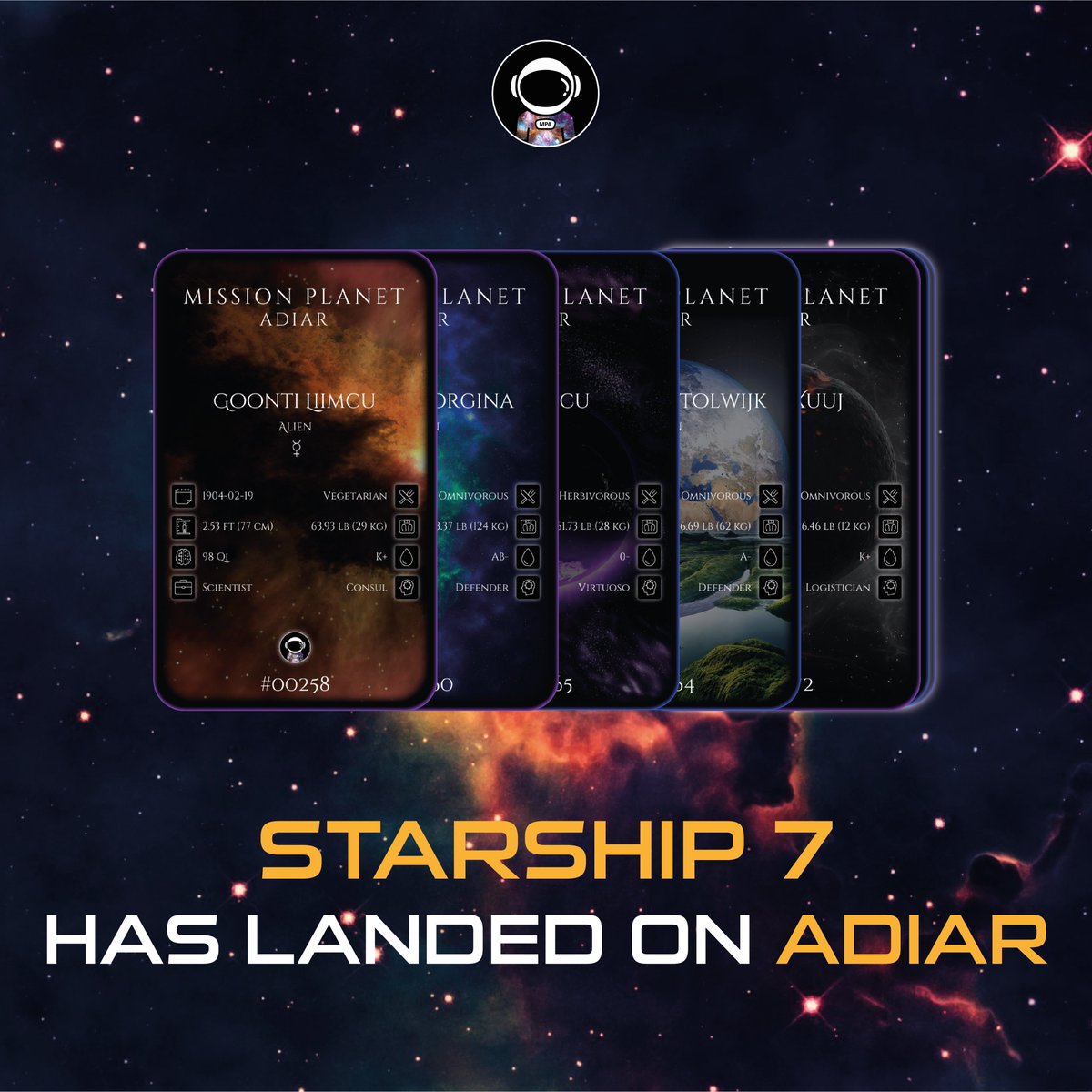 nftadiar's tweet photo. Starship 7 has just landed on
planet Adiar 👩‍🚀
Choose your favourite being and help us to save
humanity! 🌍
https://t.co/LrMPHnTSDh
.
#nft #nftcollector #nftartist #nftcommunity #digitalart
#OpenSea #polygon #adiar #MissionPlanetAdiar https://t.co/p9bgN6Smfa