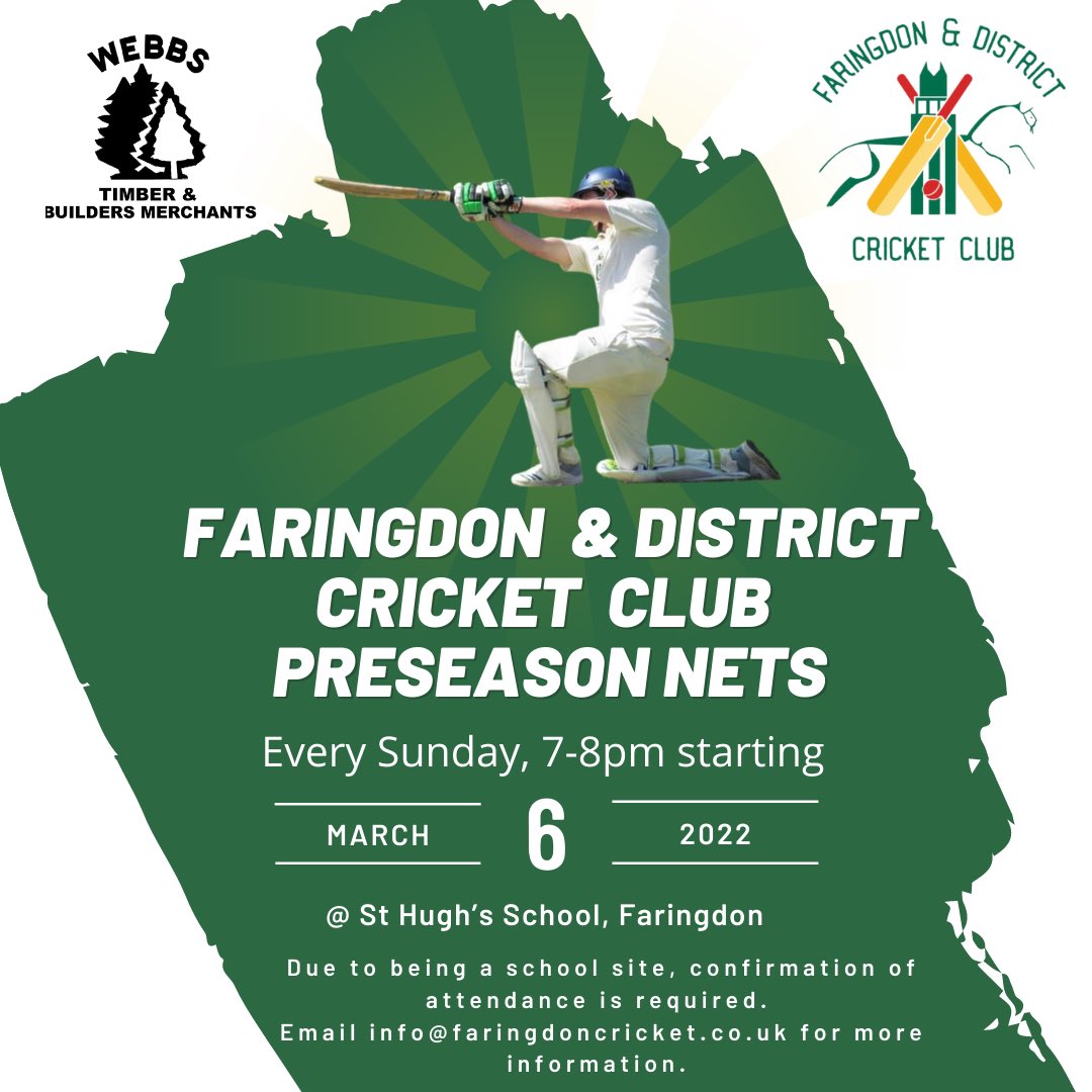 Faringdon & District CC (@fdcc_) on Twitter photo The cricket season is almost upon us with the Cherwell League kicking off in only 10 weeks! Weβd love to see some new recruits this year so please do make contact with us if youβre keen. Either send us a message or email info@faringdoncricket.co.uk. See you there! π The cricket season is almost upon us with the Cherwell League kicking off in only 10 weeks! Weβd love to see some new recruits this year so please do make contact with us if youβre keen. Either send us a message or email info@faringdoncricket.co.uk. See you there! π