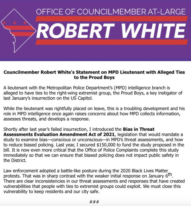 In light of allegations that an MPD Lieutenant in the intelligence branch has ties to the Proud Boys, DC still remains vulnerable to homegrown extremists. A study I secured funding for would examine bias conscious or unconscious—in how MPD assesses threats. Read my statement ⬇️