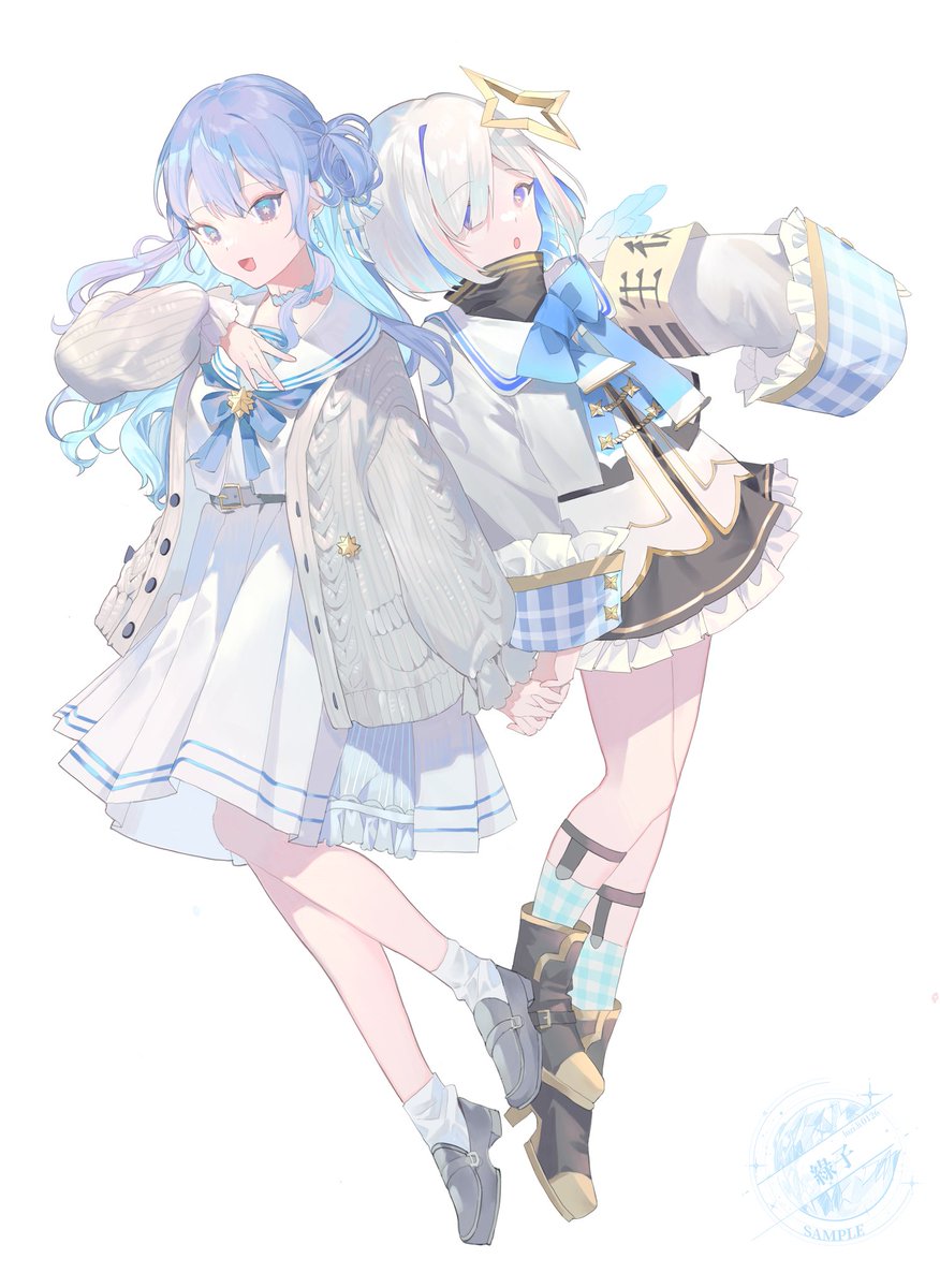 amane kanata ,hoshimachi suisei multiple girls 2girls blue hair star halo sailor collar holding hands socks  illustration images