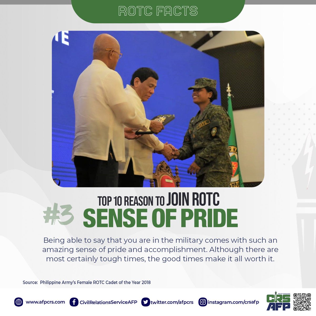AFPCRS's tweet photo. While serving your country, you may have the opportunity to do incredible things and learn a lot. If you are looking for a way to challenge yourself, joining the ROTC might be for you. Be a proud member of ROTC. #SupportROTC #ROTC #AFPyoucanTRUST #Breakthecode https://t.co/n2jlemn5cj