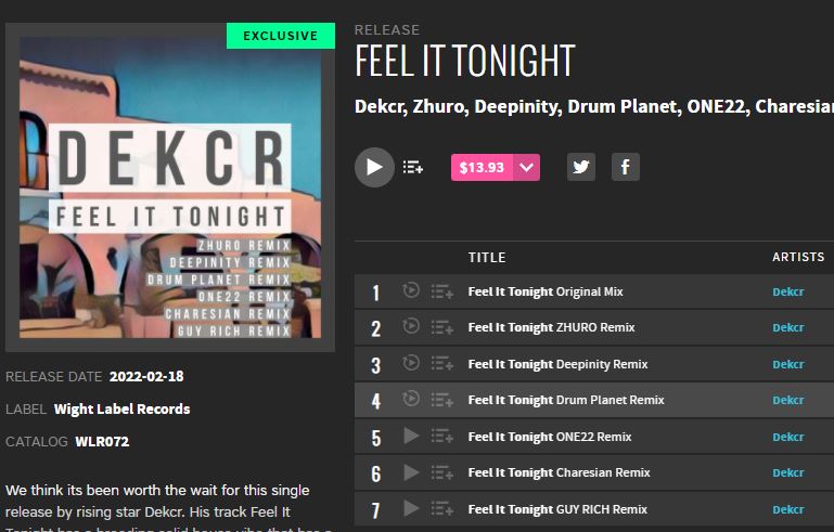 drumplanetmusic's tweet image. Exclusive now on beatport and all the stores my new remix for the stunning  track ‘ Feel  It Tonight ‘ by Dekcr 
Thank you @LabelWight