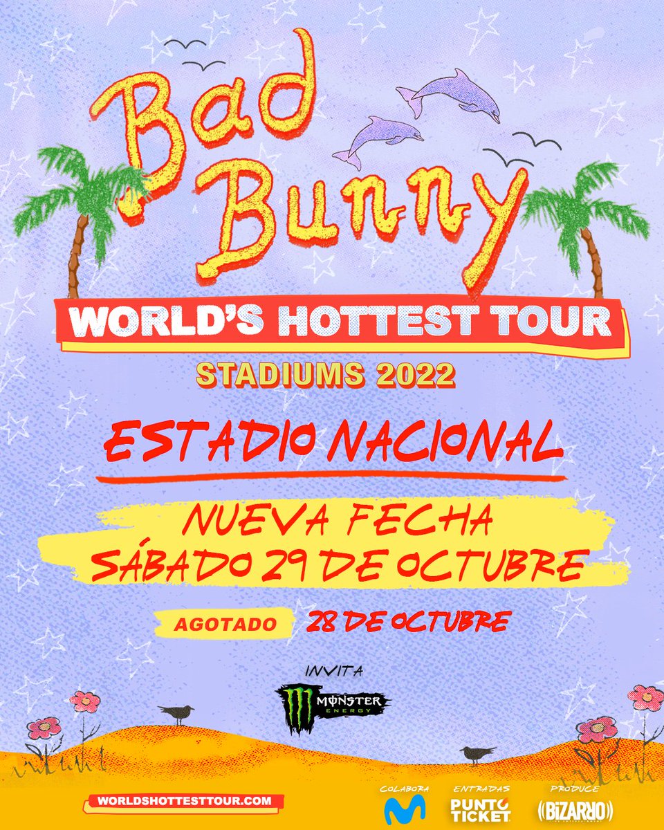 🌴🔥SEGUNDA FECHA para el #WorldsHottestTour de <a href="/sanbenito/">Benito Antonio</a> en Chile 🌴🔥

La capital mundial del reggaetón no se podía quedar sólo con una fecha. 

29 de octubre - Estadio Nacional

Venta de entradas MARTES 22 de febrero al mediodía SOLO por sistemas Puntoticket. 

#BadBunny