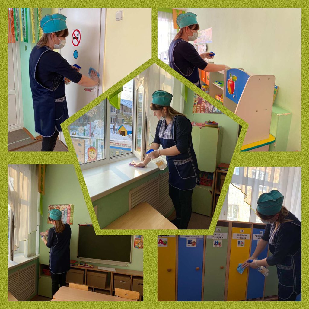 В детском саду ежедневно осуществляется ряд мероприятий по профилактике распространения COVID-19:влажная уборка с применением антисептических и дезинфицирующих средств, дезинфекция воздуха при помощи бактерицидных ламп и рециркуляторов, проветривание.