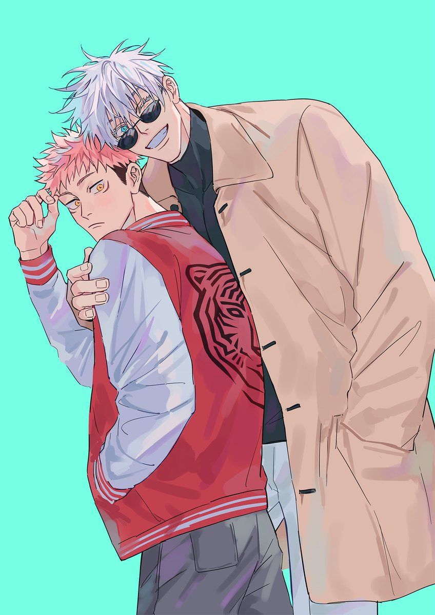 gojou satoru ,itadori yuuji multiple boys 2boys pants male focus jacket short hair sunglasses  illustration images