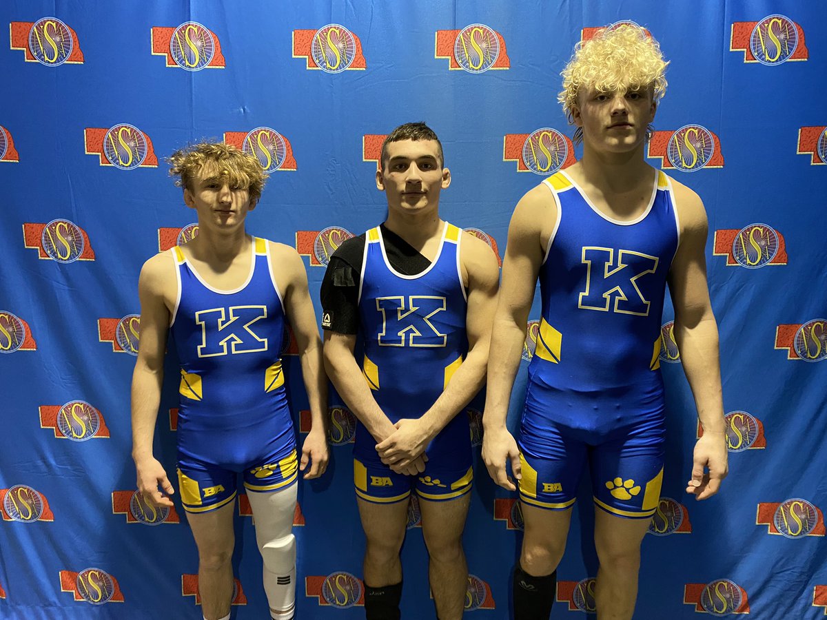kwrestling's tweet photo. Archer, Nick and Sawyer have all placed and are wrestling in this mornings medal matches! We have started a new tradition with special singlets that will only be worn by State Medalists! #builtontradition #kwrestling #couragetocompete https://t.co/Rq3P62K2Y1