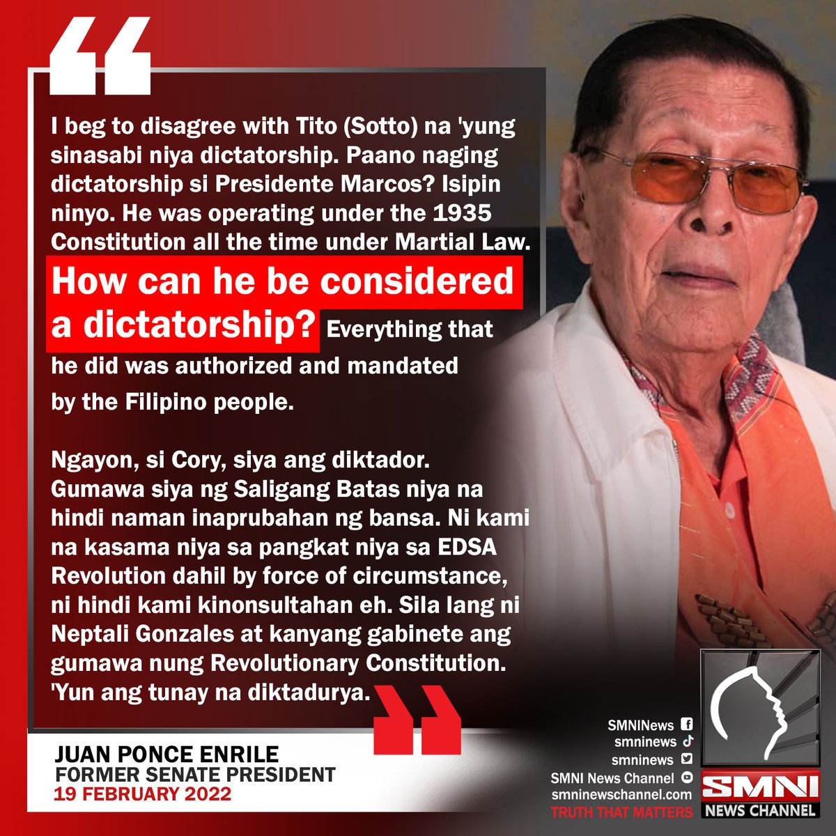 smninews's tweet photo. Enrile: Pres. Marcos not a dictator; Cory is https://t.co/wc8U4DWpTi