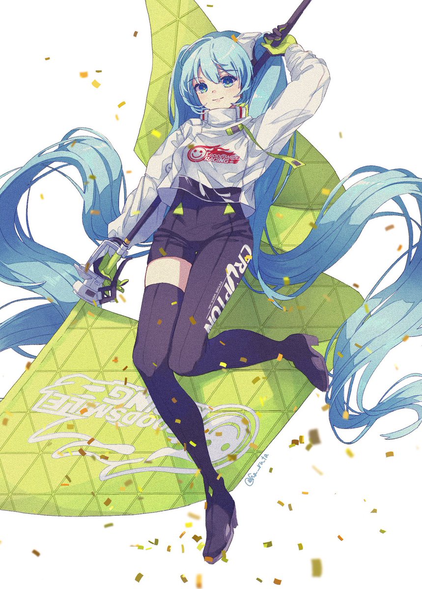 hatsune miku ,racing miku 1girl solo long hair confetti very long hair twintails holding  illustration images