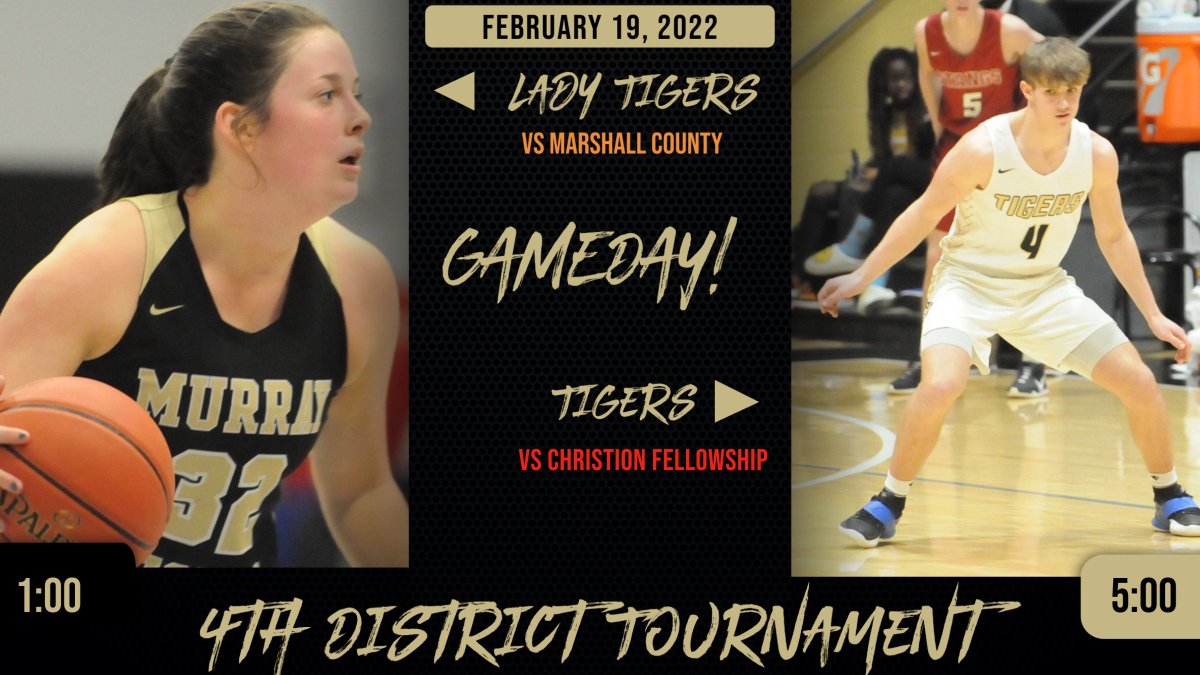 Tigers Fans! 4th District Tournament action today at Calloway.  Come out and support our Lady Tigers and Tigers.  Girls tip at 1:00; Boys at 5:00.  Let's fill up Jeffrey Gymnasium! #murrayschools <a href="/CoachTomFoust/">Tom Foust</a> <a href="/CoachCurtis5/">Dior Curtis</a> @MurrayGBball @MurrayHSBBall @MHSDAWG_POUND