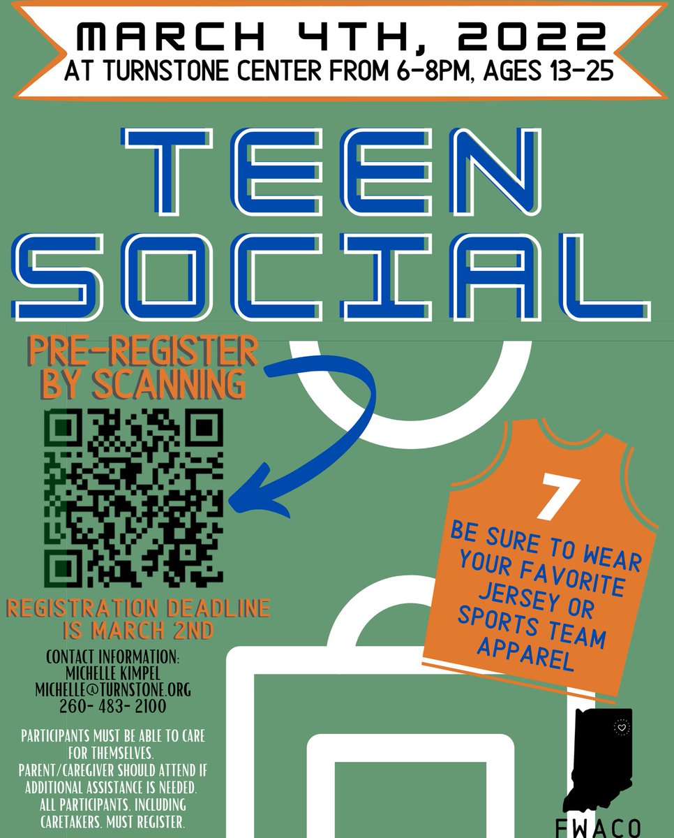Join Turnstone and Fort Wayne Abilities CoOp (FWACO) for our sports Teen Social on Friday, March 4! Wear your favorite sports jersey or gear. We hope to see you there!
