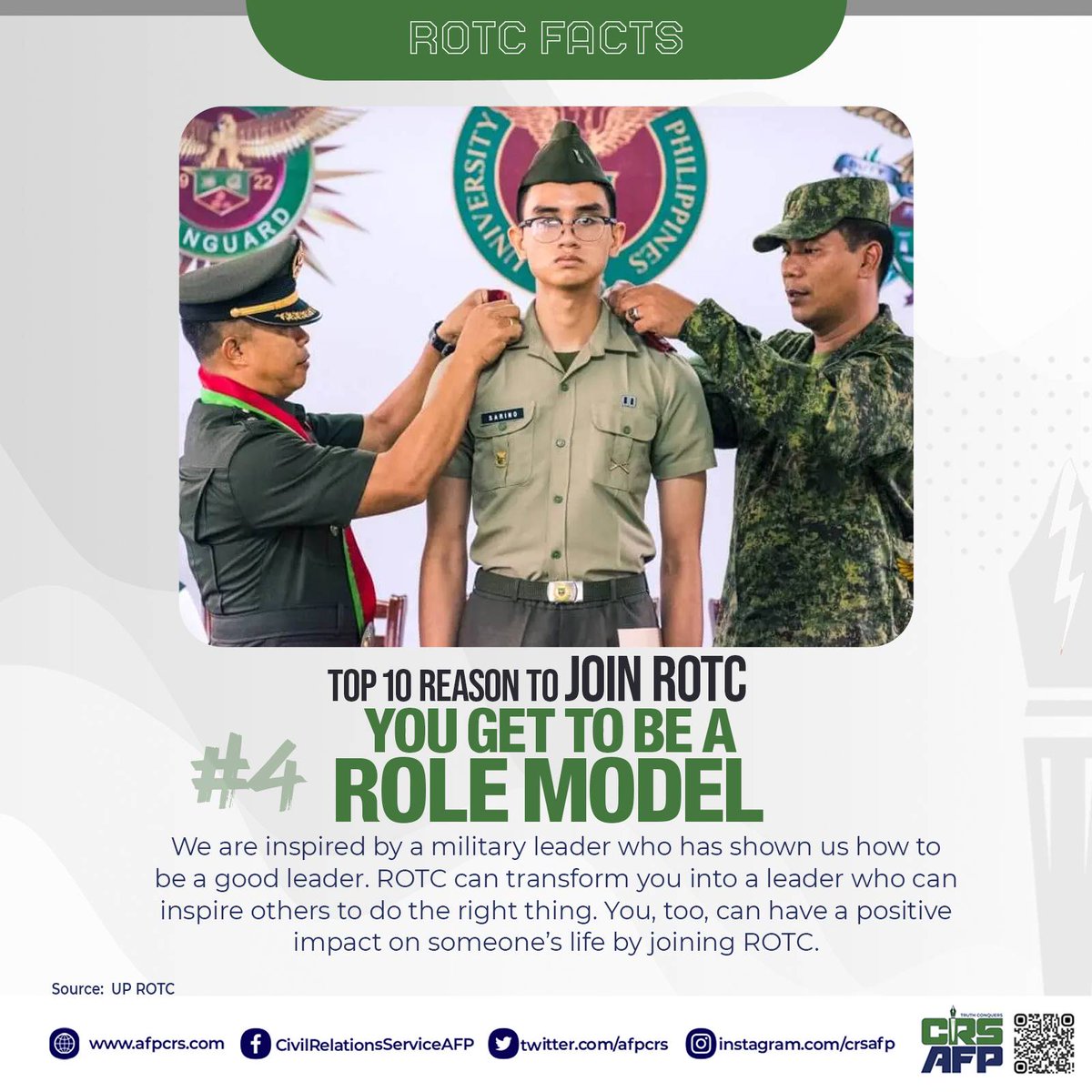 AFPCRS's tweet photo. #4 REASON TO JOIN ROTC| From the outset of one’s service, we are exposed to role models. They are the people who enlighten us on all things related to what we are about to embark in.
#SupportROTC #ROTC #AFPyoucanTRUST | https://t.co/5VV3niljYQ https://t.co/RwPso50sCy