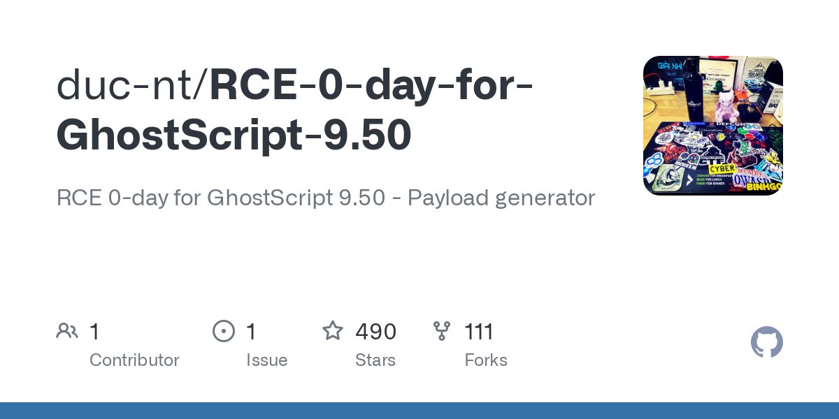 CyberWarship's tweet photo. RCE-0-day-for-GhostScript-9.50: RCE 0-day for GhostScript 9.50 - Payload generator

#infosec #pentest #redteam
https://t.co/YRClltRTah https://t.co/4NBdpWhyqj