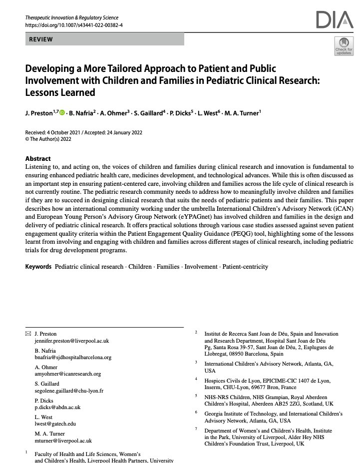 Great to share our publication about lessons learned working with young people &amp; families in children's clinical research design doi.org/10.1007/s43441… <a href="/BegonyaNafria/">Begonya Nafría</a> <a href="/dicks_pamela/">Pamela dicks</a> <a href="/sego_gaillard/">sego</a> <a href="/iCANResearch/">iCAN Research</a> <a href="/eYPAGnet/">eYPAGnet</a> @GenrYPAGs <a href="/NIHRinvolvement/">NIHR Involvement</a> @CRFalderhey <a href="/sammy_ainsworth/">Sammy Ainsworth</a>