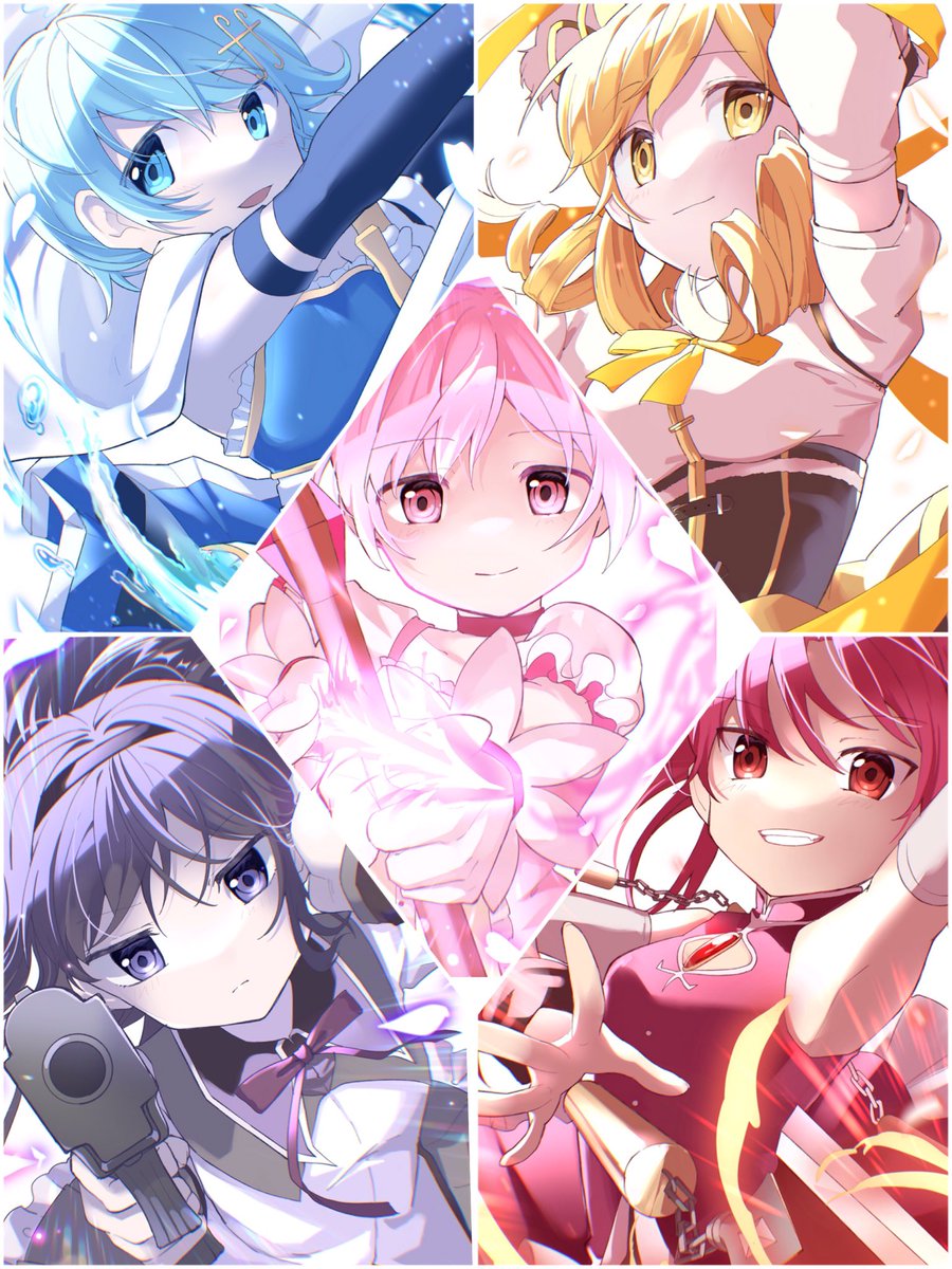 akemi homura ,kaname madoka ,miki sayaka ,sakura kyouko ,tomoe mami musical note hair ornament multiple girls weapon 5girls fortissimo red hair yellow eyes  illustration images