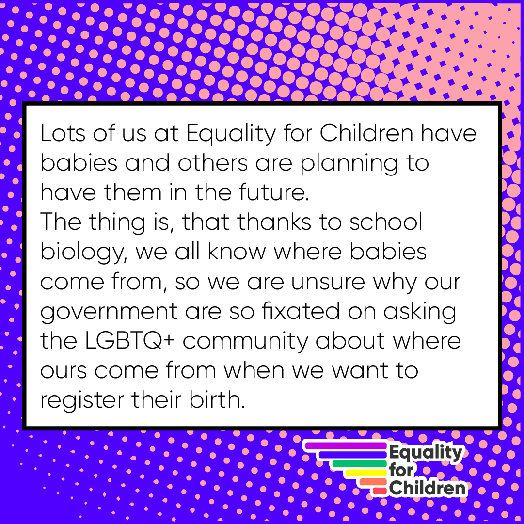 equalchildren's tweet photo. 🅱️is for Babies!
Lots of us at #EqualityforChildren have babies &amp; others plan to in the future.Thanks to school biology,we know where babies come from,so we're unsure why our government is fixated on asking LGBTQ+ people where ours come from when we want to register their births. https://t.co/F25kuSaxrr