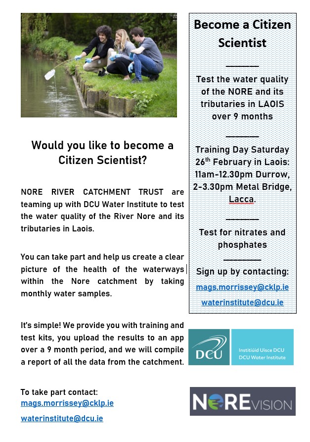 Another date for Laois diaries! Join @DCUWater for training next Saturday 26th at Durrow and Lacca. Open to all. #waterquality #naturalheritage #lovethenore