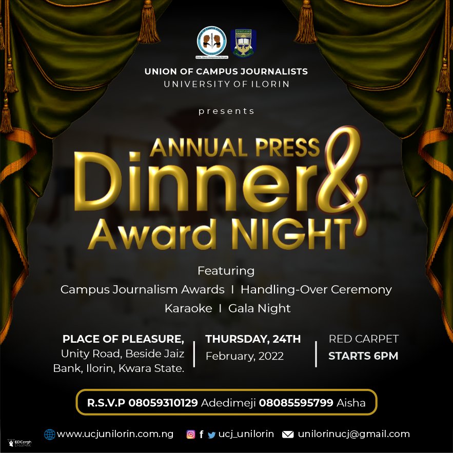 We're honoured to invite campus journalists, alumni, our media colleagues, stakeholders and our board of patrons and staff advisers to be distinguished guests at our 2022 Press Gala Dinner, Handling-Over Ceremony and Awards Night. 🍹🏆

R.S.V.P: <a href="/quayyimbakr/">Flex, Vibes and Creativity</a> and <a href="/Ayshah_blvck/">DOVE💗💞</a>