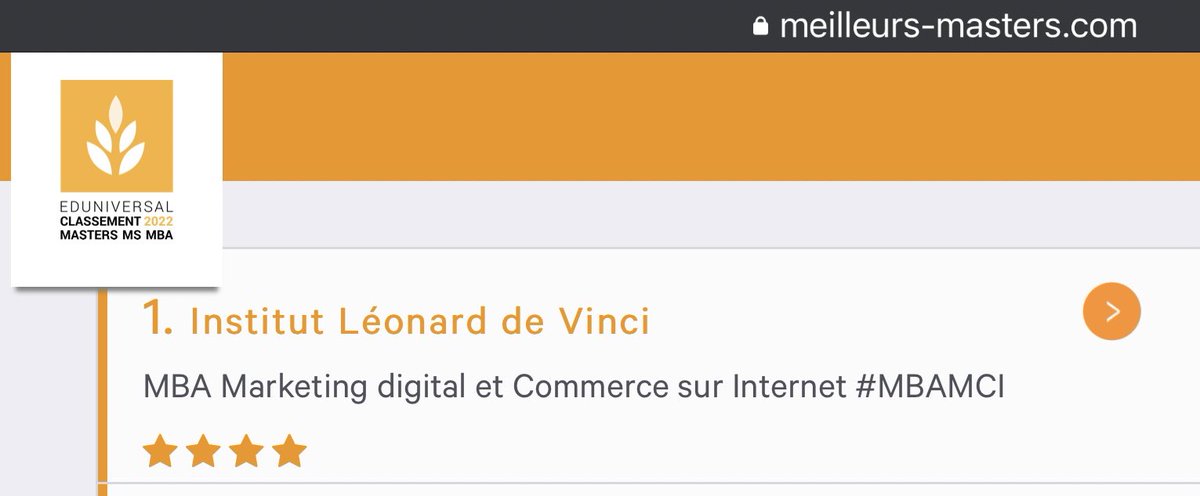 Le #MBAMCI de @ILV_Formations est classé N°1 pour 2022-2023 catégorie E-business. Merci à toutes les équipes pédagogiques qui forment les brillants E-talents @mbamci 
 #MarketingDigital #communication #Ecommerce #TransformationDigitale #MeilleursMasters #nocode