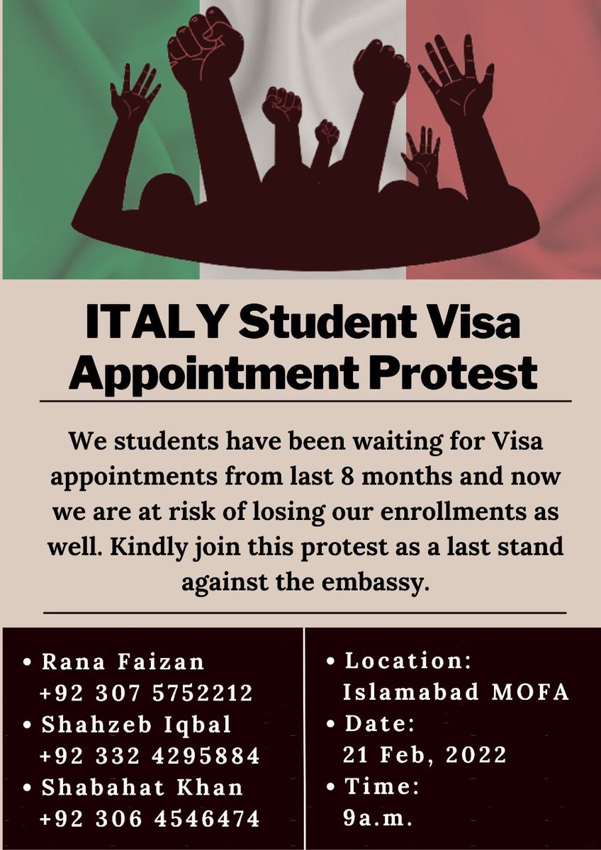 itx_mari's tweet photo. @ItalyMFA @luigidimaio @ItalyMFA @ItalyinPak
@ImranKhanPTI @SMQureshiPTI @Francesgarg90 

Pakistani Students are waiting for study visa appointment from past 8 months from Italian embassy Islamabad. We are going towrads protest which is last option for us #Givestudyvisaappointments https://t.co/d2X89n98DT
