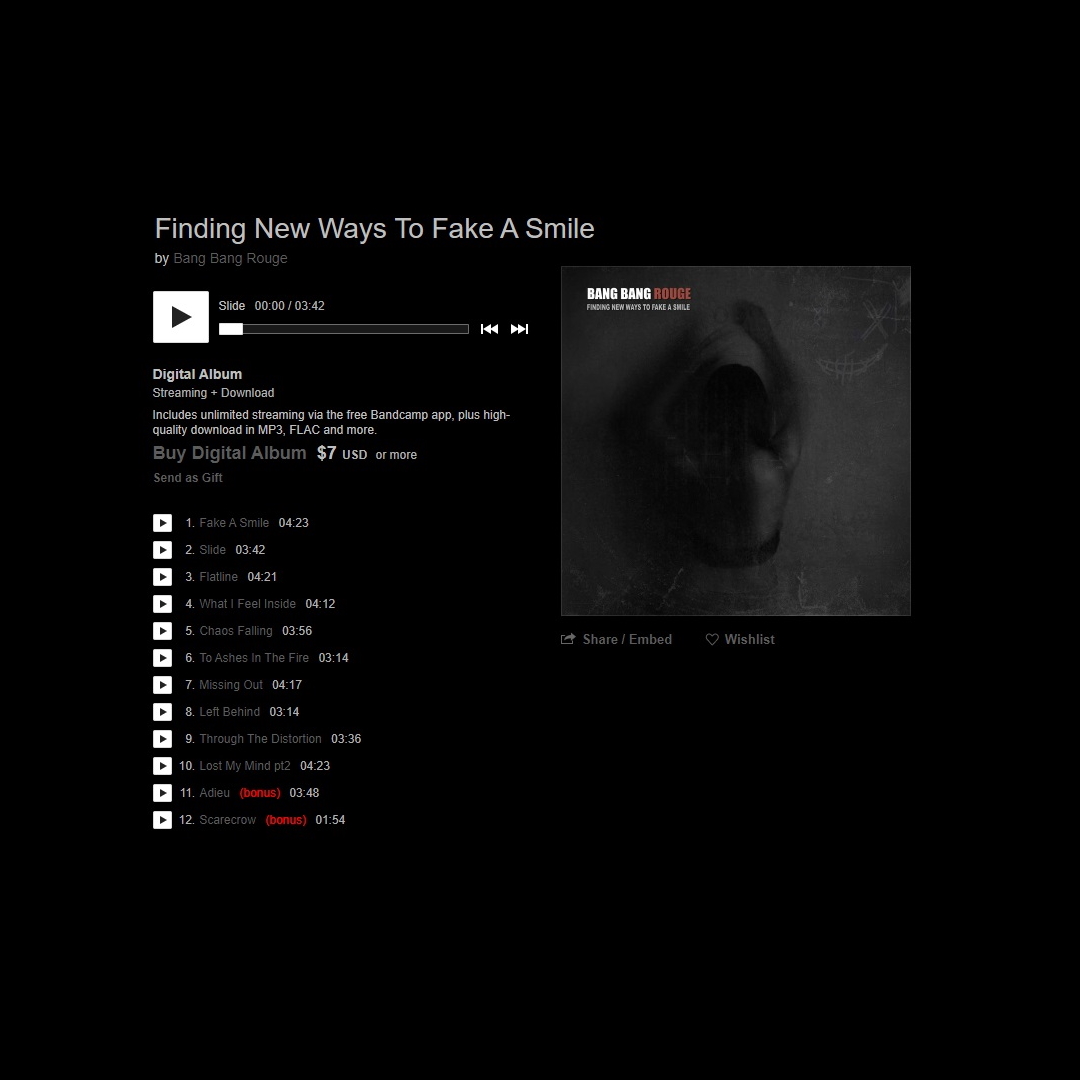 The new Bang Bang Rouge release "Finding New Ways to Fake a Smile" is available on Bandcamp. The full album download includes two bonus tracks: "Adieu" and the instrumental "Scarecrow".  bangbangrouge.bandcamp.com/album/finding-… #BBR #BangBangRouge #Sweden #Indie #Akternative #DarkPop