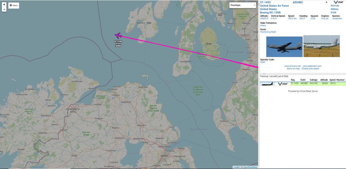 GI7SOB's tweet photo. The third KC-135R returning to the states as it passed through this morning.  They were working <287.300> for A/A comms with the other two tankers:
#AE04B2 Reach 140 USAF KC-135R 57-1453 106ARS/117ARW ETNG/KBHM https://t.co/pkjqCy3Zp7