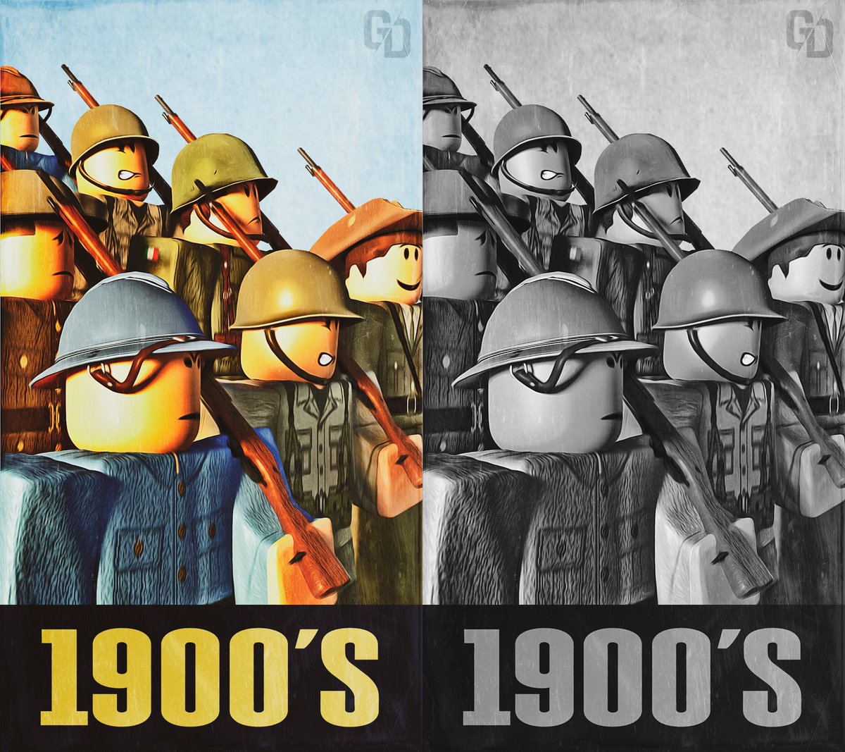 A commission for WW1 poster side by side comparison 

Commissions Open!
#Roblox #RobloxGFX #Robloxart #RobloxDev #RobloxGFXC