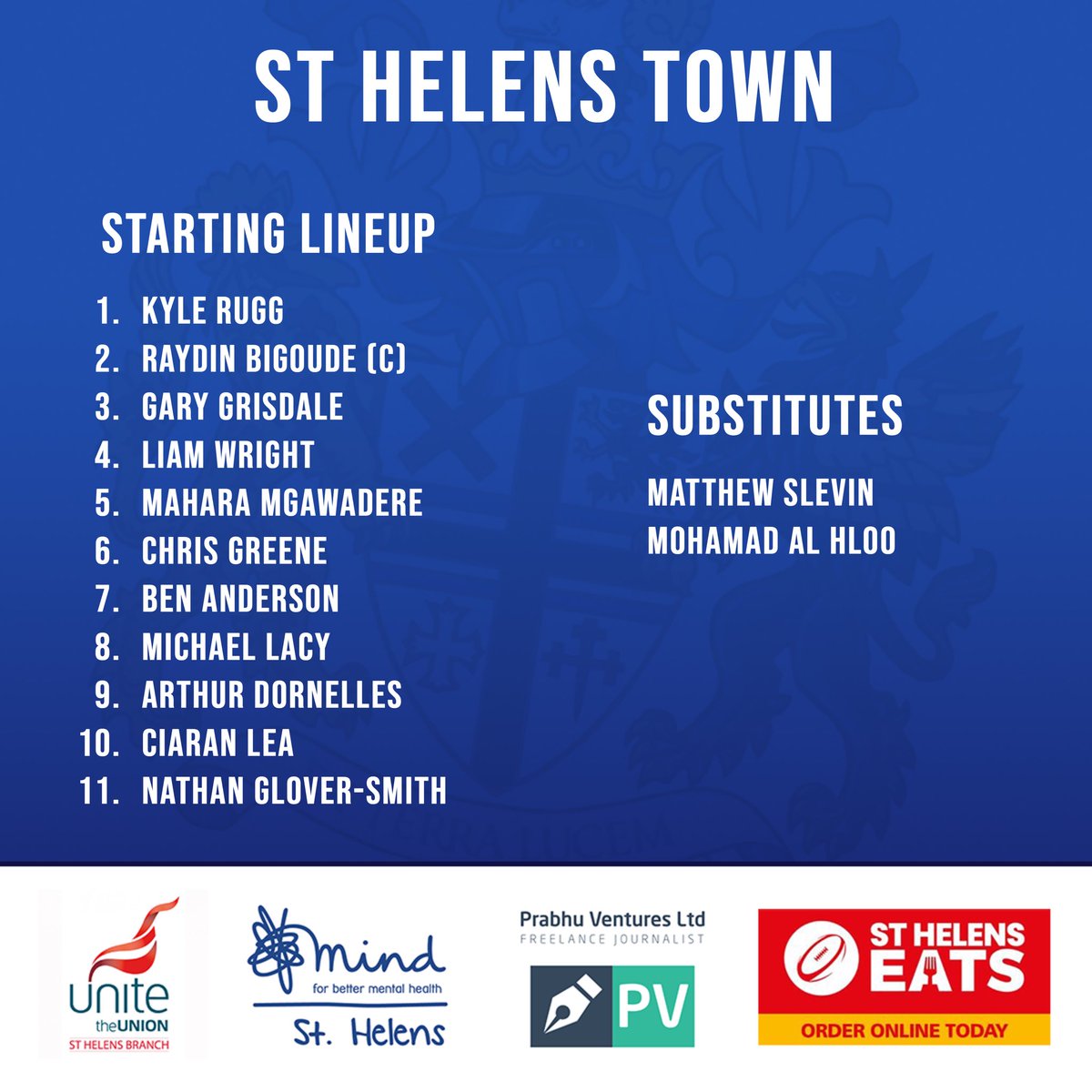 St.Helens Town FC Res v Waterloo GSOB. 💙

Today’s starting line-up! ⚽️

Come on boys! #tellins