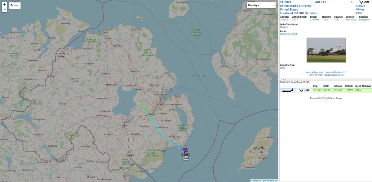 GI7SOB's tweet photo. The second of the Georgia Air National Guard C-130's departed Aldergrove this morning for the next leg of the flight to Ramstein:
#ADFEA1 Reach 321 USAF C-130H 94-7321 158AS/165AW EGAA/ETAR https://t.co/5ofnh1xEso