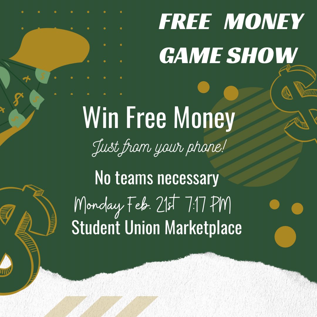 uaRHPB's tweet photo. Yes, you read that right… win free money this Monday in the Student Union Marketplace! All you need is yourself and your phone for a fun game to win some money! See you there! https://t.co/9XI4KQ2TMf