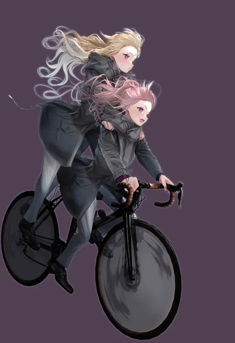 モッズコート着た女の子の自転車二人乗り。描くのエグかった。 