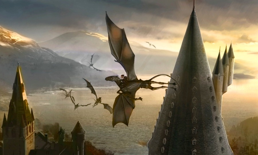 17 June 1996: Harry, Ron, Hermione, Luna, Neville and Ginny fly to the Ministry of Magic by Thestral. Art by Andrew Williamson