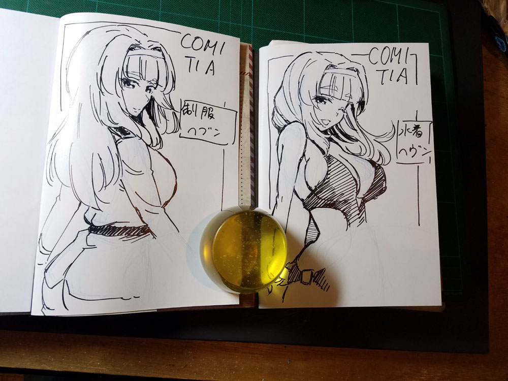 今回のサイン本、今朝まで頑張って描いてました~^^;
皆さんから頂いたテーマ『メイド』『水着』です。
さ~て、明日配る名刺も作らねば。