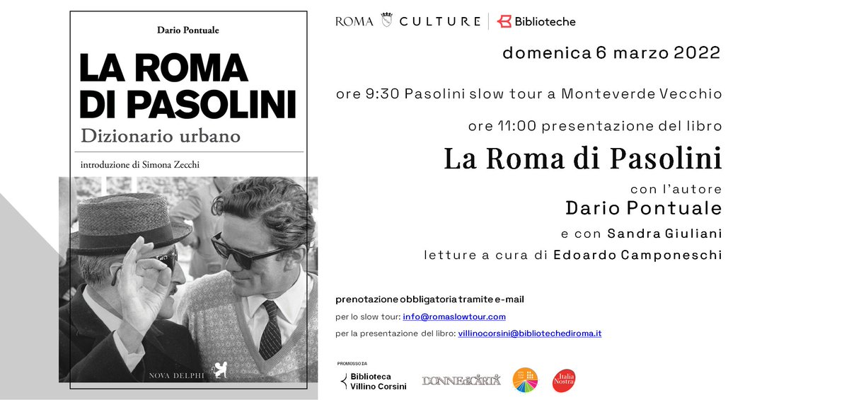 100 anni dalla nascita di #PierPaoloPasolini

😍domenica #6marzo esploriamo i luoghi amati e vissuti da #Pasolini nel quartiere #Monteverde

🚶‍♀️h9:30 slow tour a piedi
📖h11:00 presentazione del libro #LaRomadiPasolini 

👇
bibliotechediroma.it/opac/news/la-r…

#CultureRoma #BibliotechediRoma